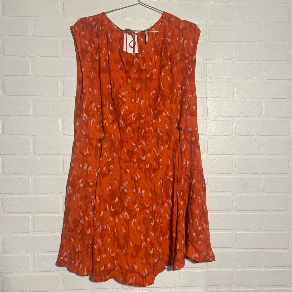 Free People Dress Womens Fake Love Printed Mini Dress Vibrant Orange Ties Large - Picture 2 of 7
